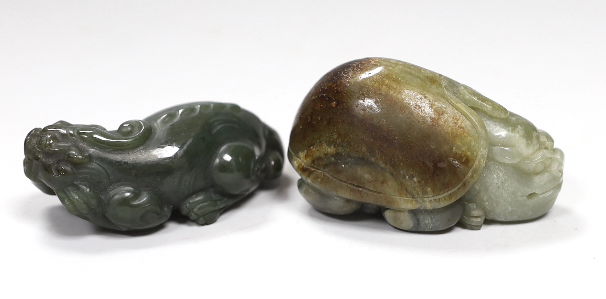 Two Chinese jade figures of a bixi and a horned tortoise, the largest 7.5cm wide